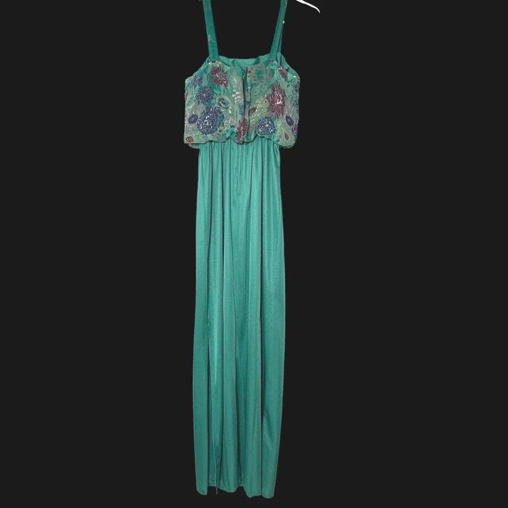 Vintage 70s Teal Floral Maxi Dress & Kimono Set ILGWU Made in USA Size 10